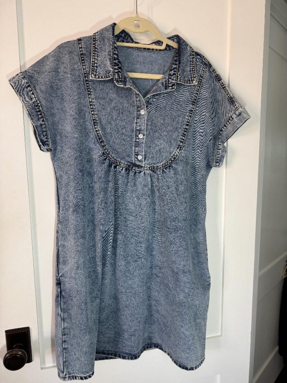 Luvamia Denim Babydoll Mini Dress Acid Wash Short Sleeve M Teacher Dress